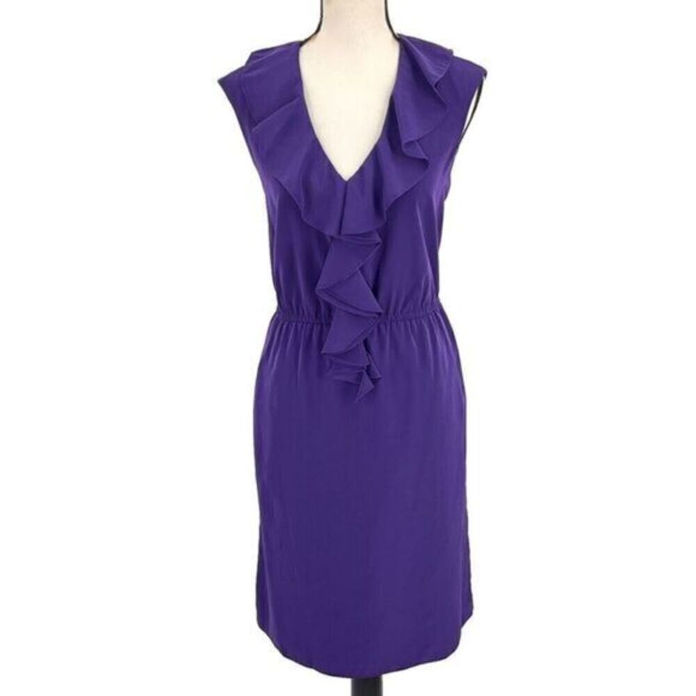 Adrianna Papell Rufle V-Neck Sleeveless Mini Dress 8 Purple Satin Pull On‎